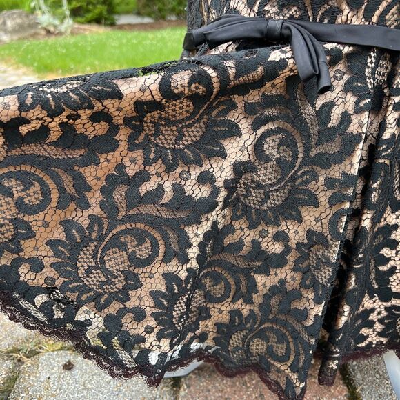 VTG S XS 60's Lee Jordan Long Black Lace illusion long gown wiggle ruffle hem - Picture 7 of 12